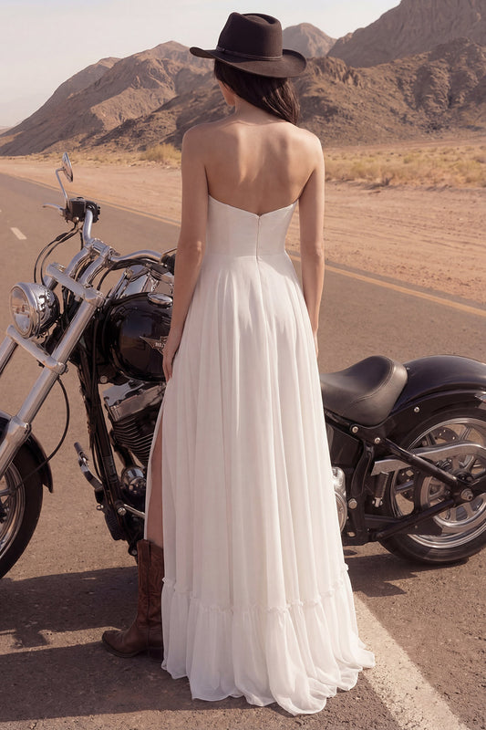 Ivory Maxi Strapless A Line Beach Wedding Dress with Slit