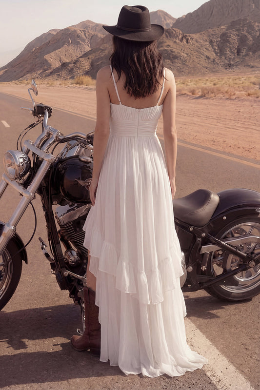 Ivory A Line High-Low Spaghetti Straps Beach Wedding Dress with Ruffles