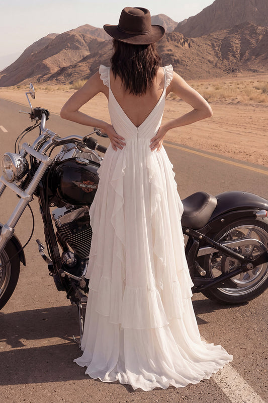 A Line Ivory Maxi V-Neck Beach Wedding Dress with Ruffles