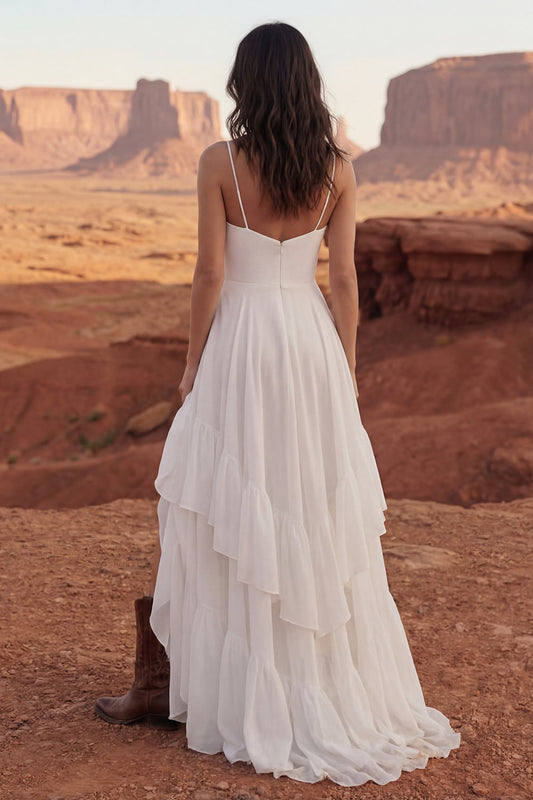 Ivory Maxi A Line Spaghetti Straps Beach Wedding Dress with Ruffles