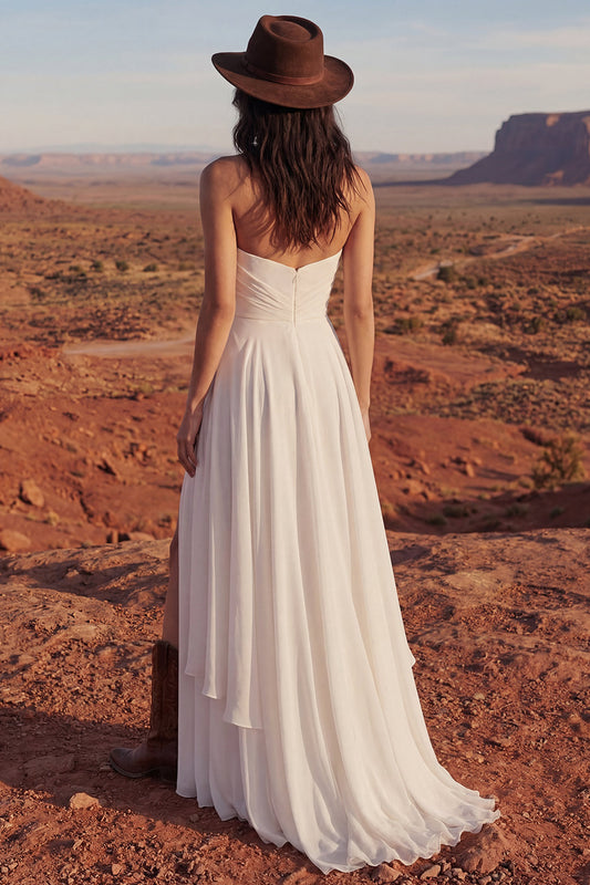 Simple Strapless Maxi A Line Ivory Beach Wedding Dress with Slit