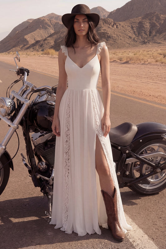 A Line V-Neck Ivory Lace Beach Wedding Dress with Slit