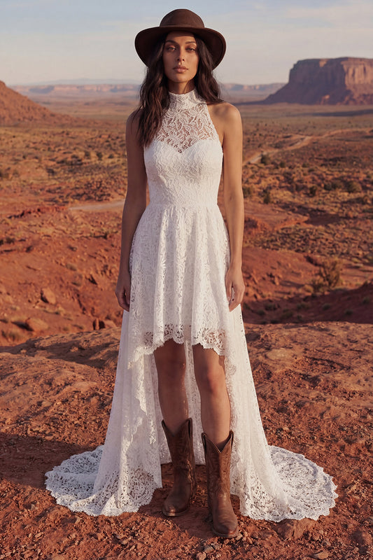 A Line Floral Ivory High Low Lace Boho Wedding Dress