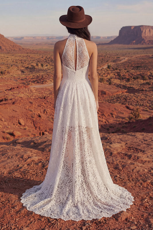 A Line Floral Ivory High Low Lace Boho Wedding Dress