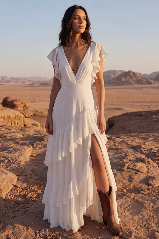 A Line Maxi Ivory V-Neck Beach Wedding Dress with Ruffles