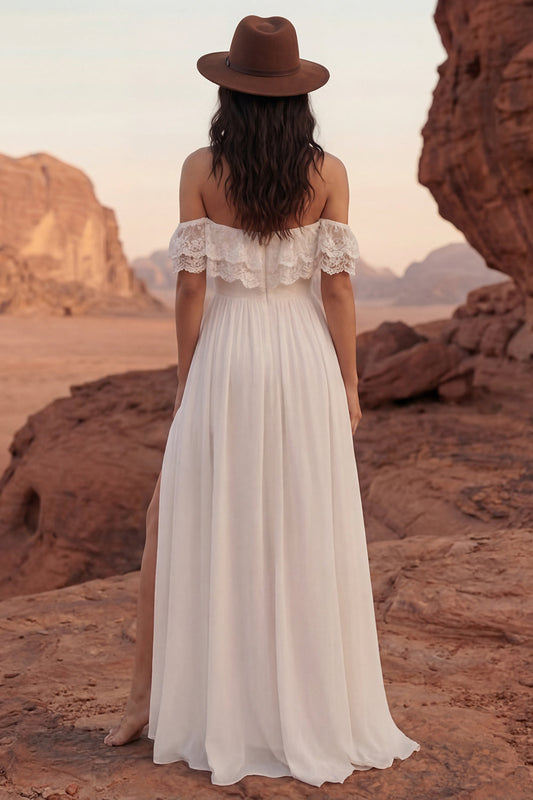 Simple A Line Ivory Maxi Beach Wedding Dress with Slit