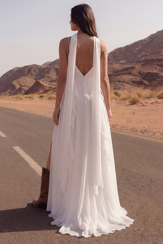 A Line Spaghetti Straps Ivory Maxi Beach Wedding Dress with Ruffles