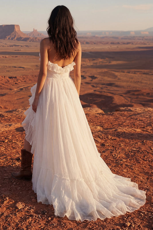 Maxi Strapless A Line Ivory Beach Wedding Dress with Ruffles