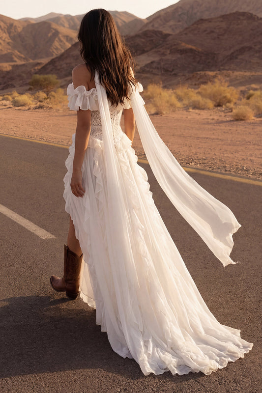 Floral A Line Maxi Ivory Beach Wedding Dress with Ruffles