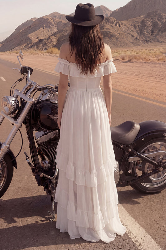 A Line High-Low Ivory Beach Wedding Dress with Ruffles