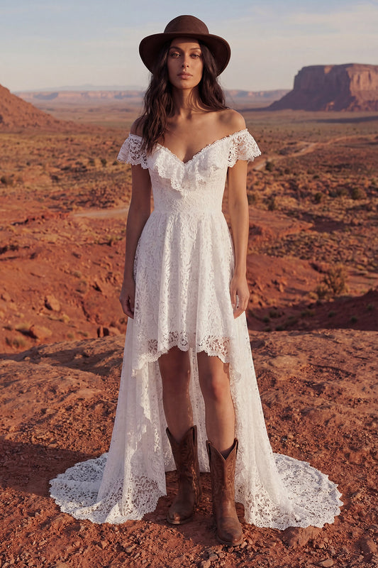 Ivory High Low Floral A Line Boho Wedding Dress