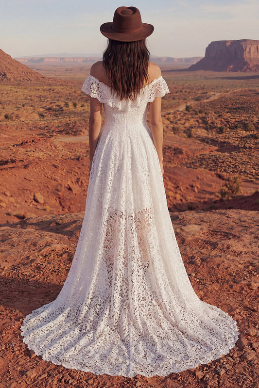 Ivory High Low Floral A Line Boho Wedding Dress