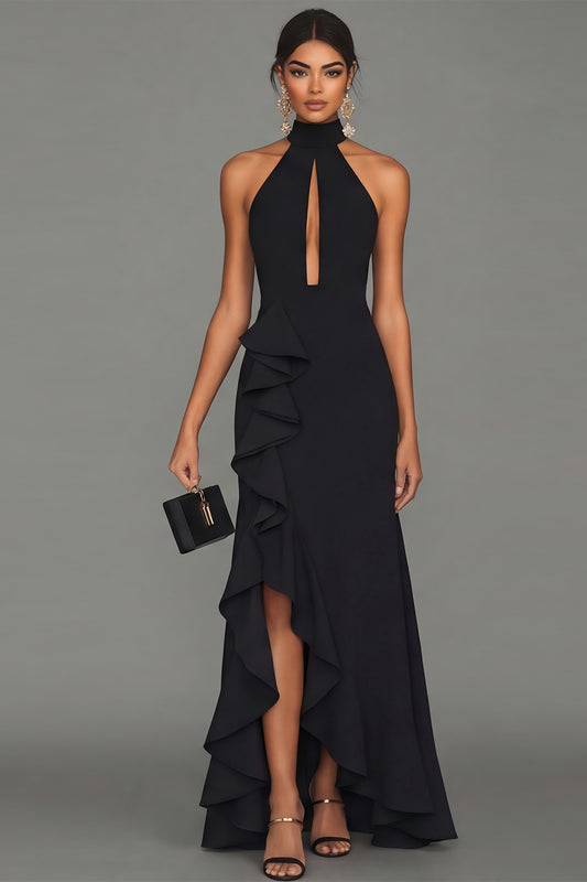 Long Black High Neck Formal Dress with Ruffles