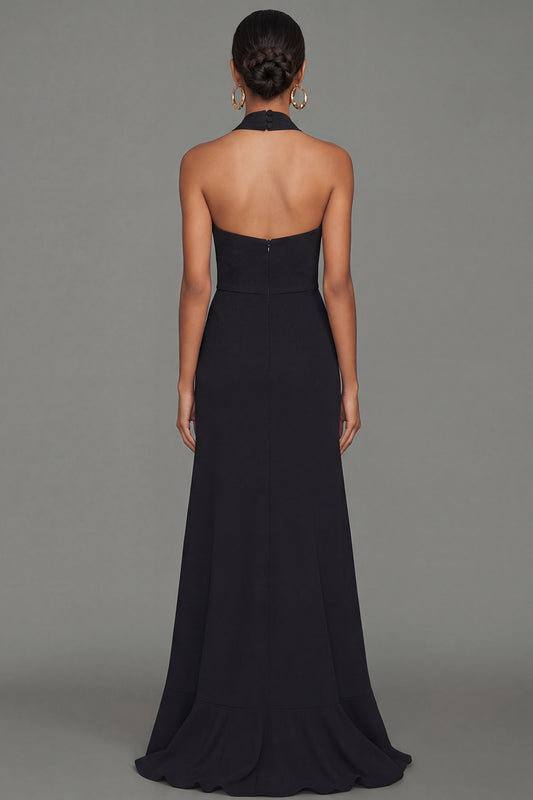 Long Black High Neck Formal Dress with Ruffles