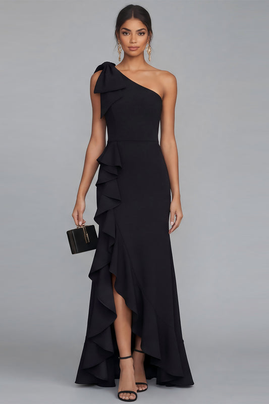 Long One Shoulder Sheath Black Formal Dress with Ruffles