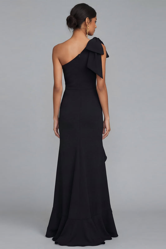 Long One Shoulder Sheath Black Formal Dress with Ruffles