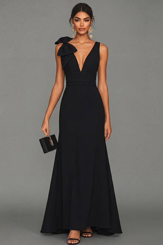 Long A Line Black V-Neck Formal Dress with Bow