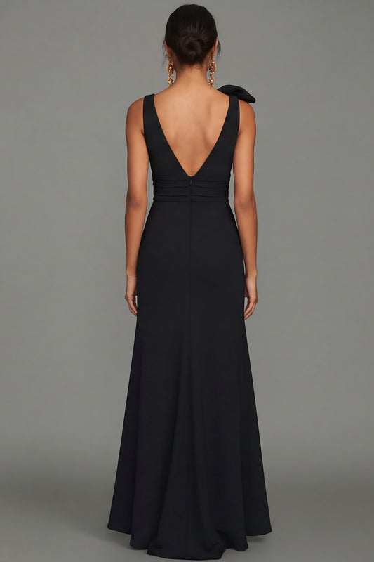 Long A Line Black V-Neck Formal Dress with Bow