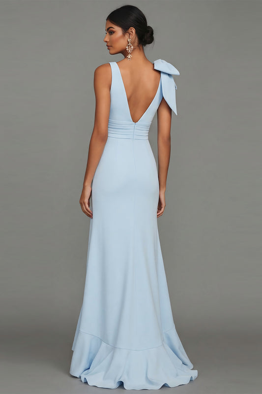 Sky Blue Long V-Neck Mermaid Formal Dress with Ruffles
