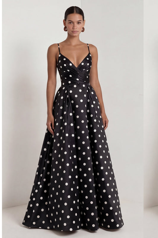 Black and White Polka Dots Ruched Long A Line Formal Dress
