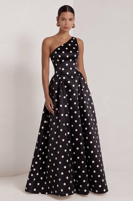 One Shoulder Black and White Polka Dots Long A Line Formal Dress