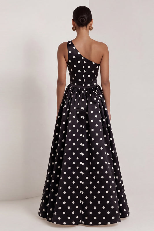 One Shoulder Black and White Polka Dots Long A Line Formal Dress