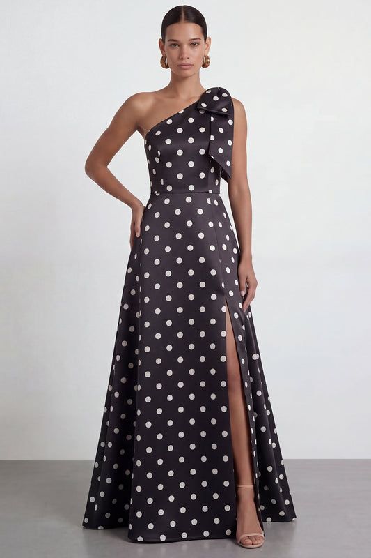 A Line Black and White Polka Dots Long Formal Dress with Bow