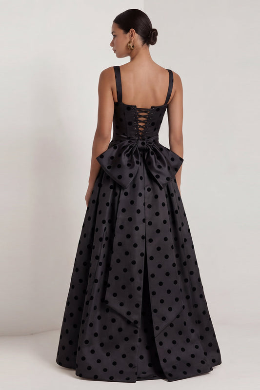 Long Square Neck A Line Black Polka Dots Formal Dress with Bow