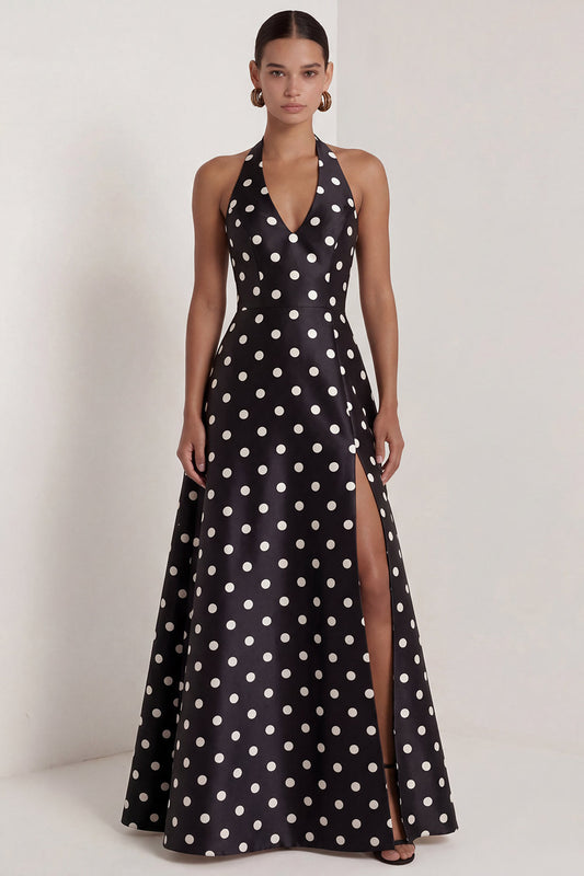 Halter A Line Black and White Polka Dots Long Formal Dress with Bow