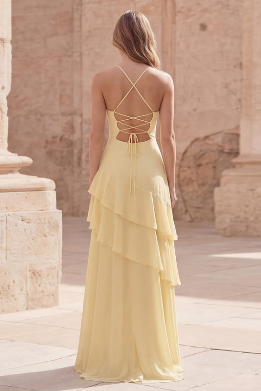 Yellow A Line Spaghetti Straps Long Prom Dress with Ruffles