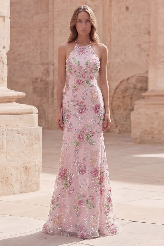 Mermaid Long Sparkly Pink Sequin Floral Prom Dress