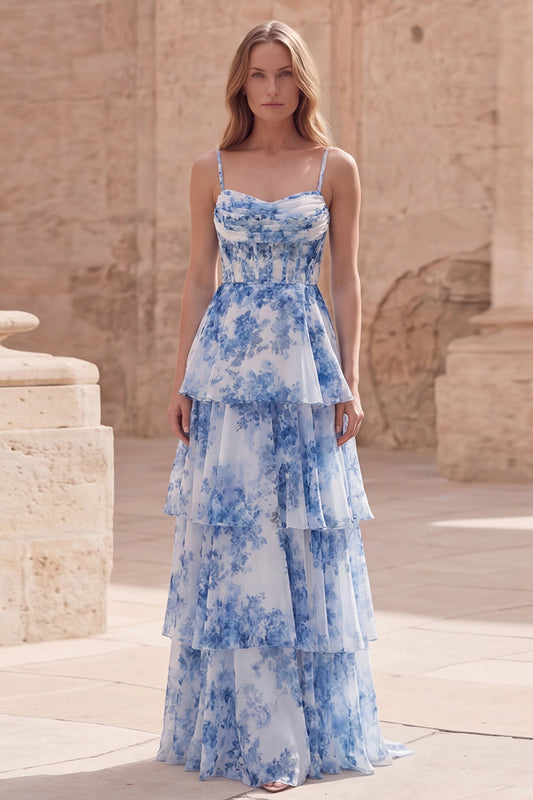 White Blue Flower A Line Corset Long Prom Dress with Ruffles