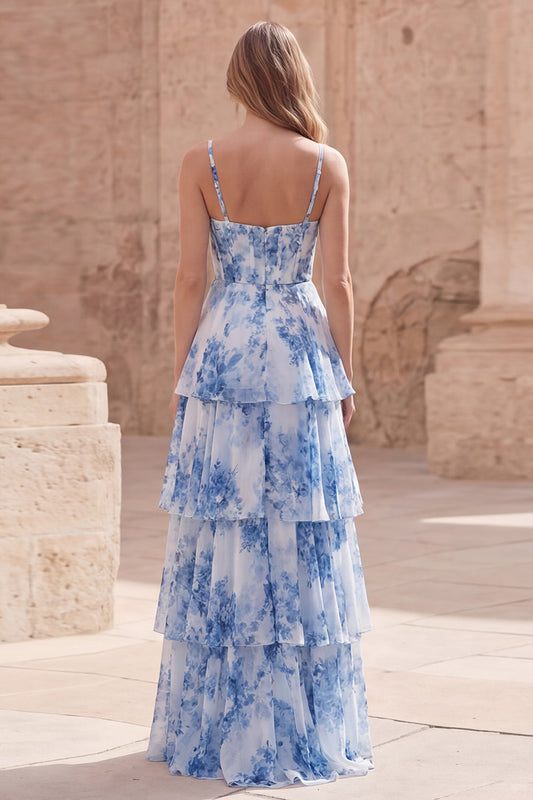 White Blue Flower A Line Corset Long Prom Dress with Ruffles