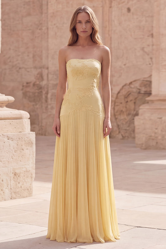 Strapless Yellow Appliqued A Line Long Prom Dress with Pleats