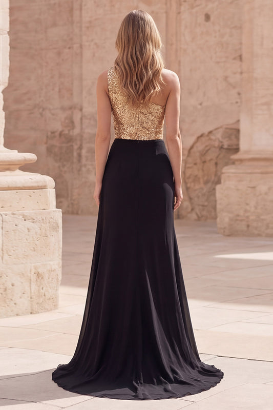 A Line Sparkly Gold and Black Sequin Long Prom Dress with Slit