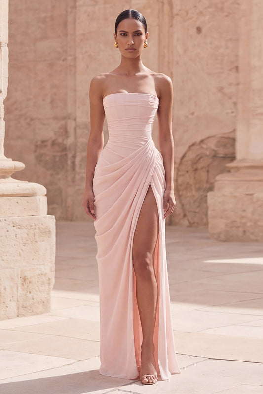 Light Pink Long Prom Dress with Slit Chiffon Ruched Strapless Sheath Formal Dress