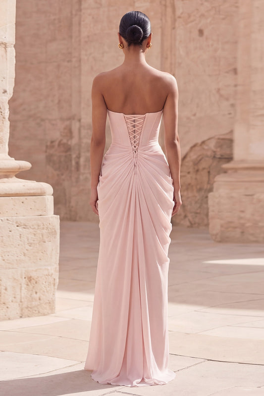 Light Pink Sheath Ruched Long Prom Dress with Slit