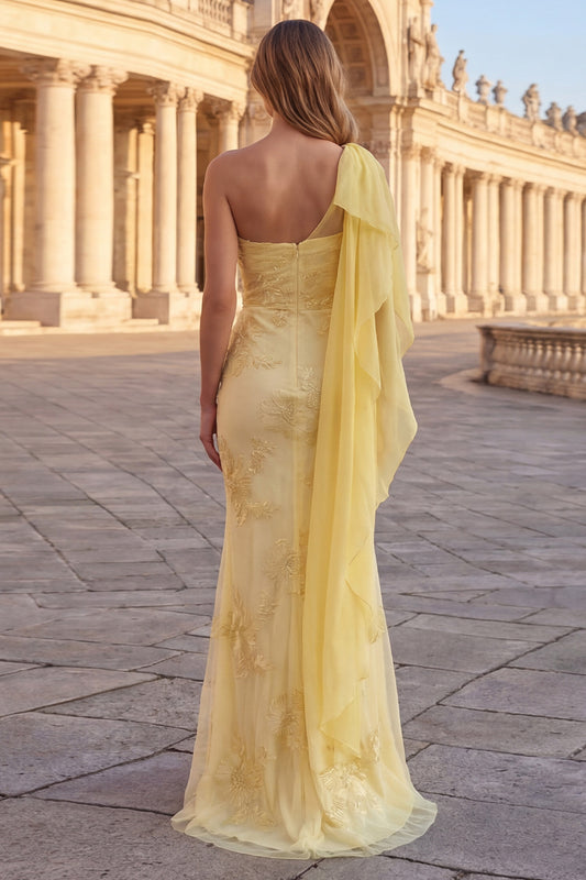Appliqued Mermaid Long Yellow Prom Dress with Side Cape