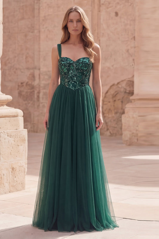 Sparkly Dark Green A Line Long Prom Dress with Sequin