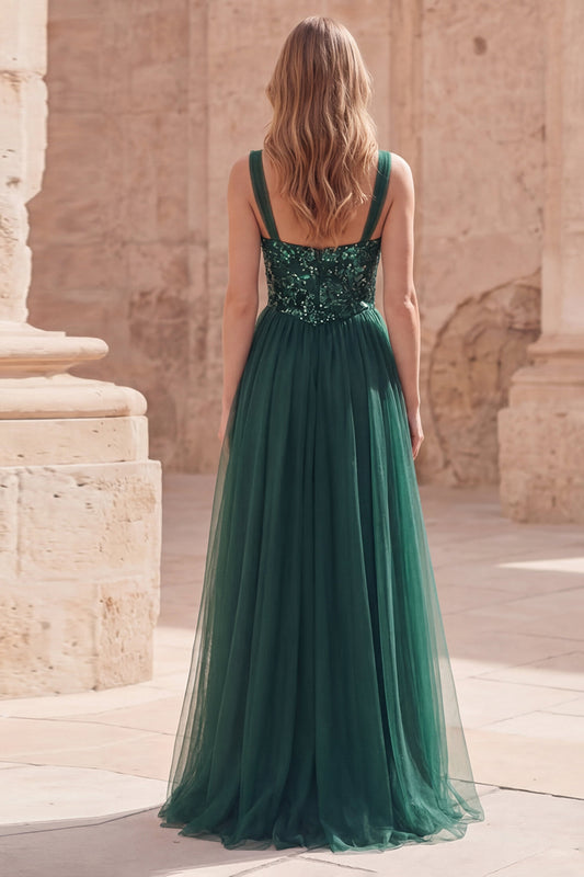 Sparkly Dark Green A Line Long Prom Dress with Sequin