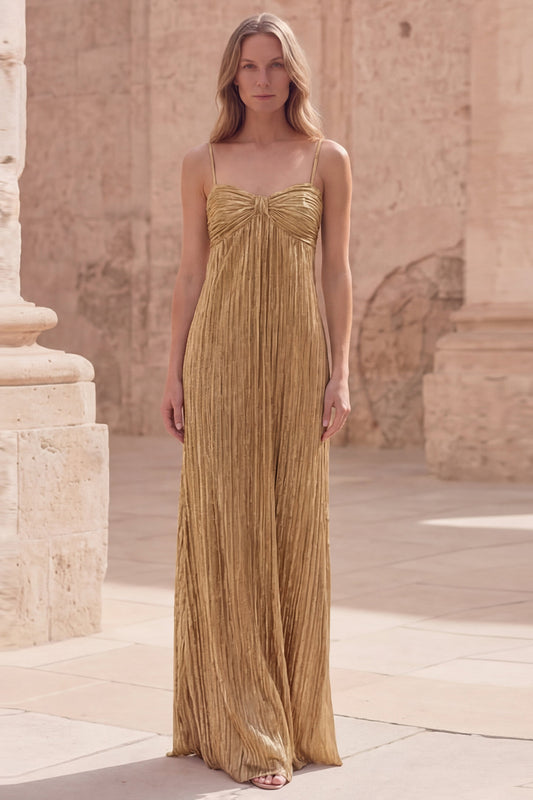 Gold Spaghetti Straps A Line Long Prom Dress with Pleats