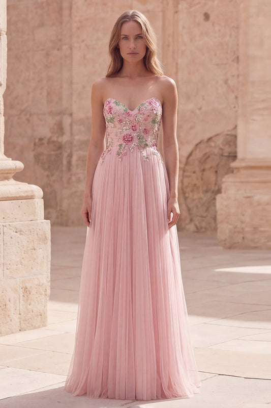 Pink Floral Strapless A Line Long Prom Dress