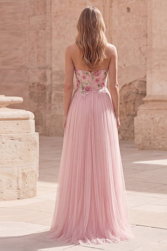 Pink Floral Strapless A Line Long Prom Dress