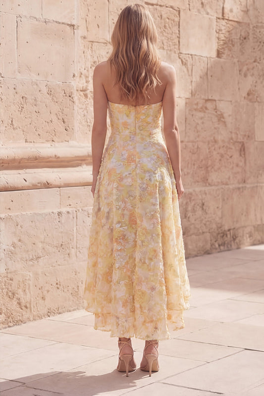 Yellow Floral Strapless A Line Asymmetrical Prom Dress