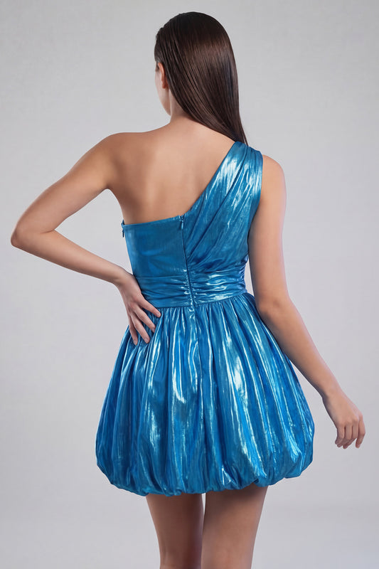 A Line Short Metallic Glitter Ink Blue Ruched Vintage 80s Prom Dress