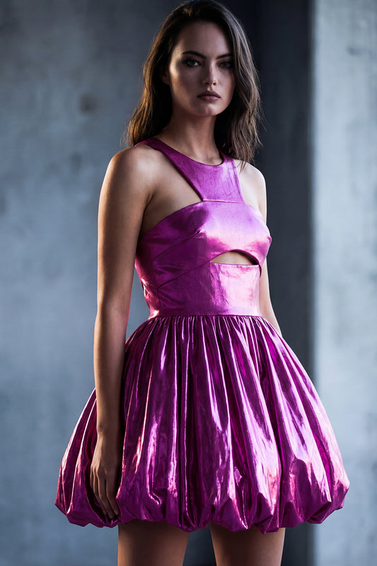 Metallic Glitter Fuchsia Keyhole A Line Short Vintage 80s Prom Dress