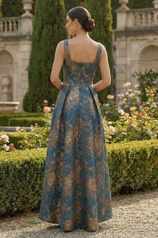 Peacock Blue A Line Sqaure Neck Asymmetrical Formal Dress