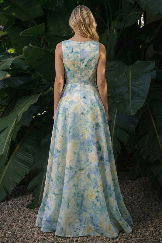 Light Green A Line Boat Neck Floral Long Wedding Guest Dress