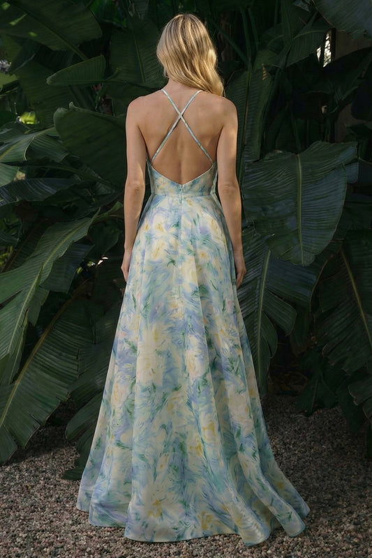 Light Green Floral Long A Line Backless Halter Wedding Guest Dress