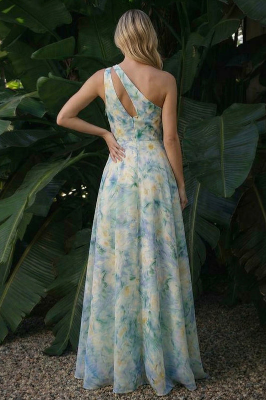 Light Green A Line Cut Out Long Floral Wedding Guest Dress with Slit
